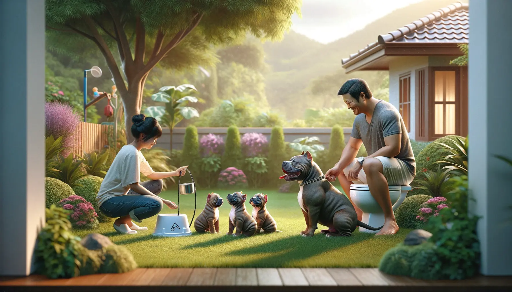 A family, including children, actively engages in potty training an American Bully and its puppies in a lush garden, showcasing a harmonious and educational interaction between humans and pets.