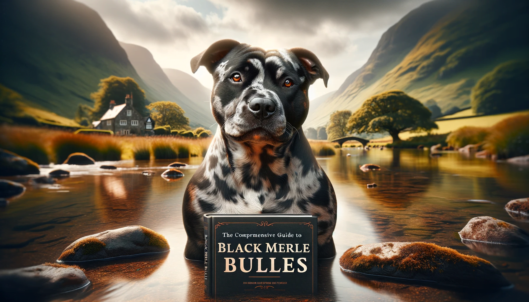 A captivating Black Merle Bully in a natural setting with the title "The Comprehensive Guide to Black Merle Bullies.